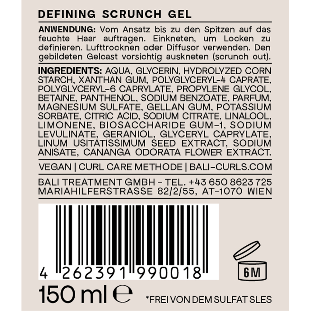 Abbildung der Etikett rückseite des Bali Curls Curl Defining Gels mit Auflistung aller Ingredients und der Anwendung