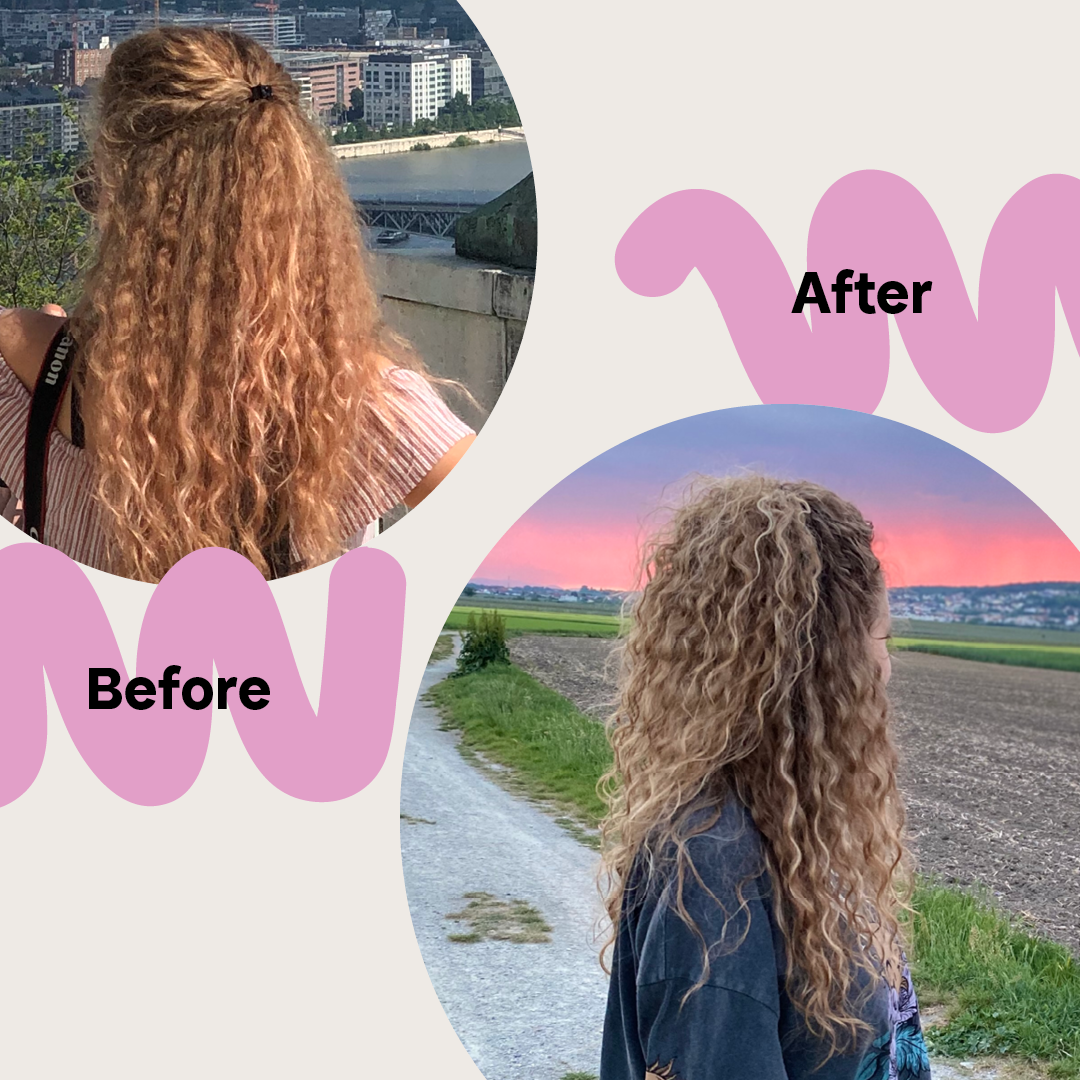 Before and After Abbildung einer Frau mit auffallend definierterem Haar
