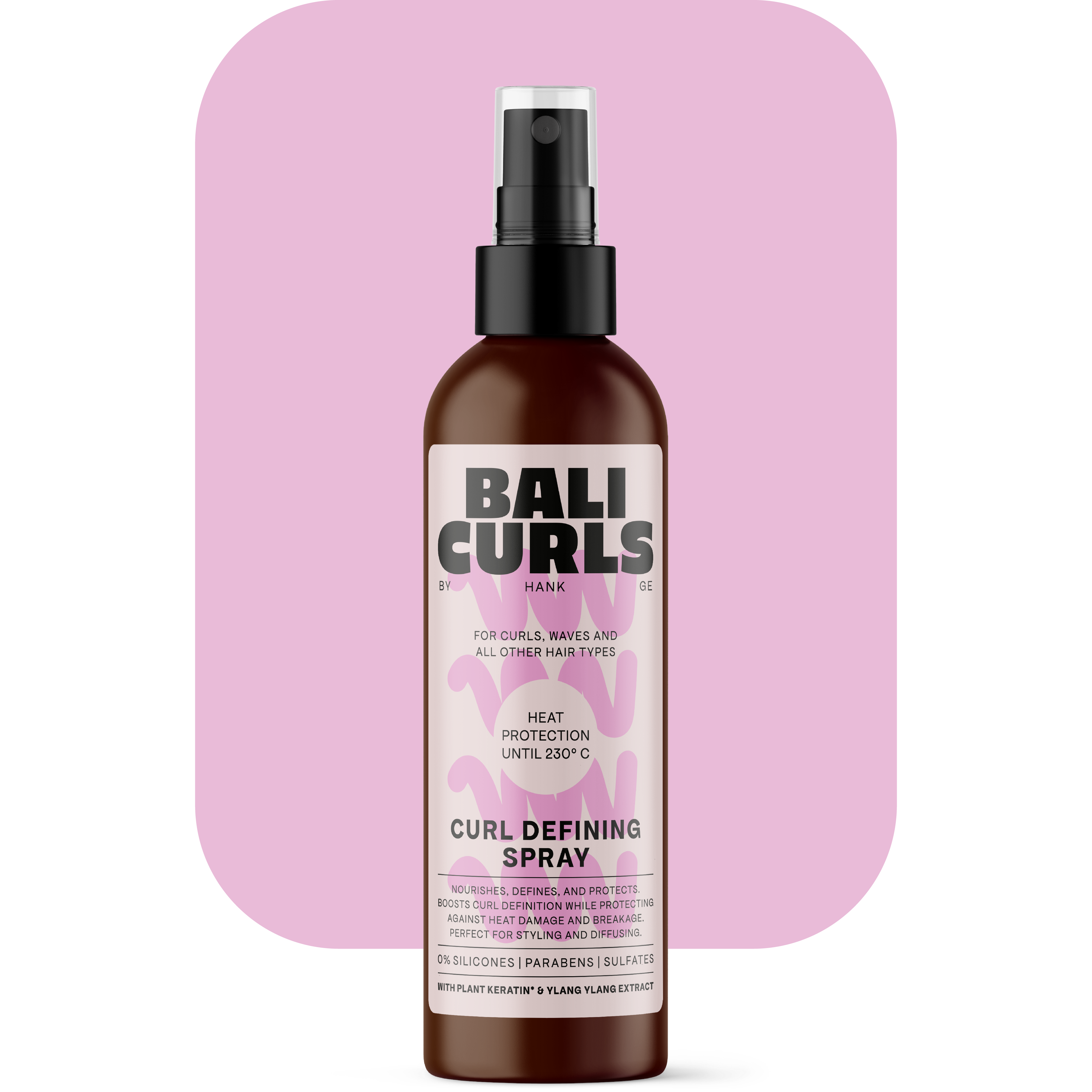Bali Curls Curls defining Spray Produktabbildung vor pinker Rechteckigen Form mit abgerundeten Ecken