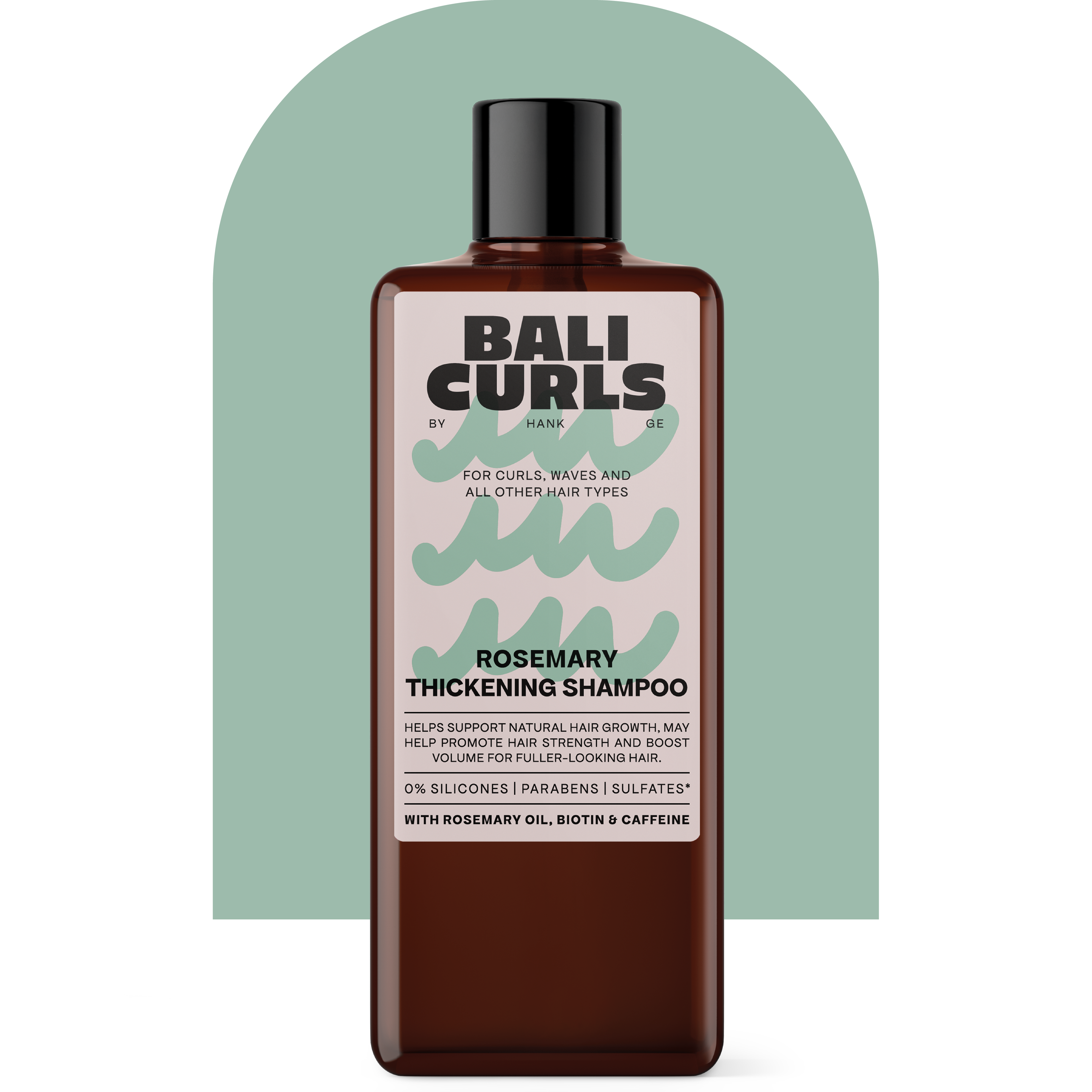 Bali Curls Rosemary Thickening Shampoo Produktabbildung vor grünem Bogen mit Transparentem Hintergrund