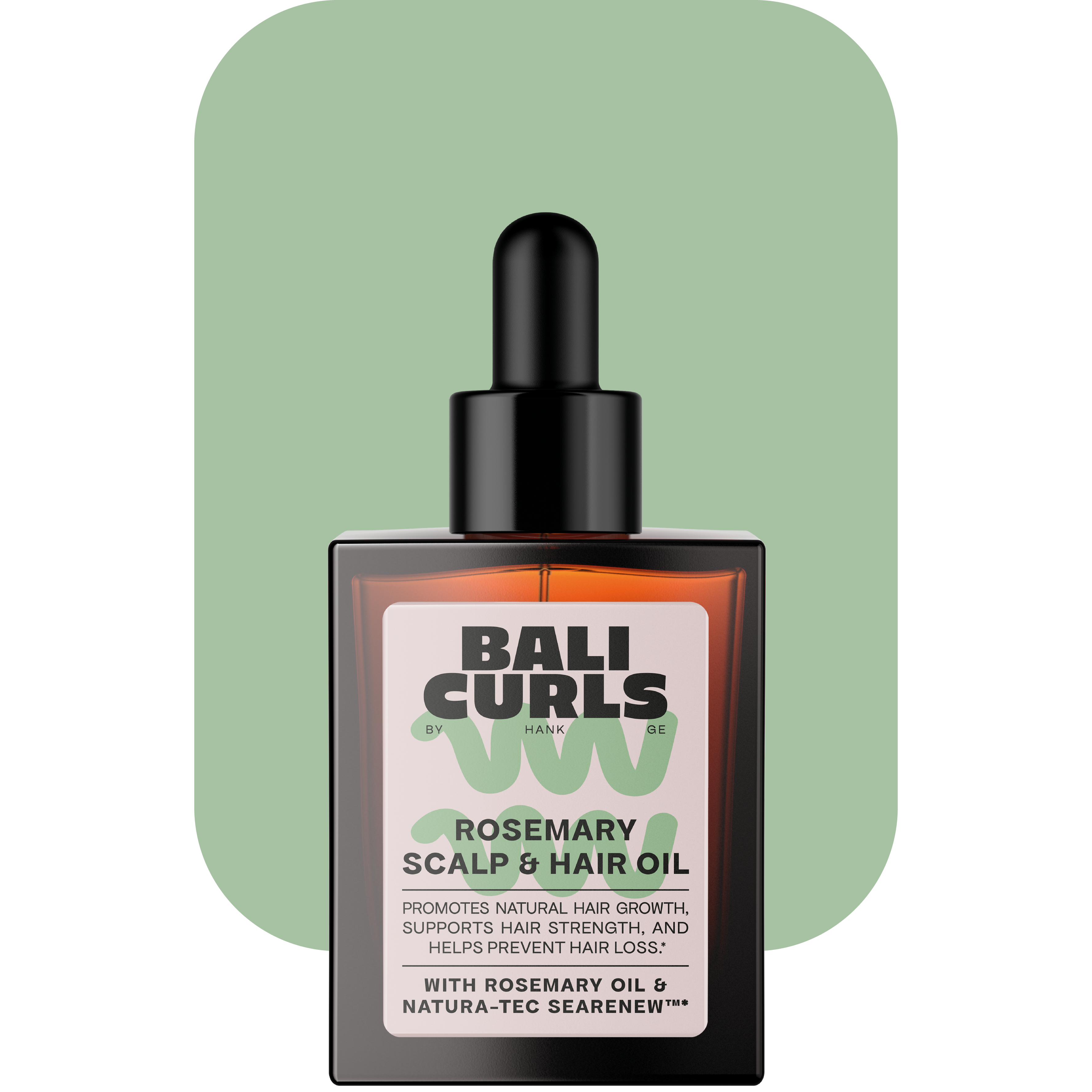Bali Curls Rosemary Scalp and Hair Oil Produktabbildung auf grünem Rechteck mit abgerundeten Ecken mit Transparentem Hintergrund
