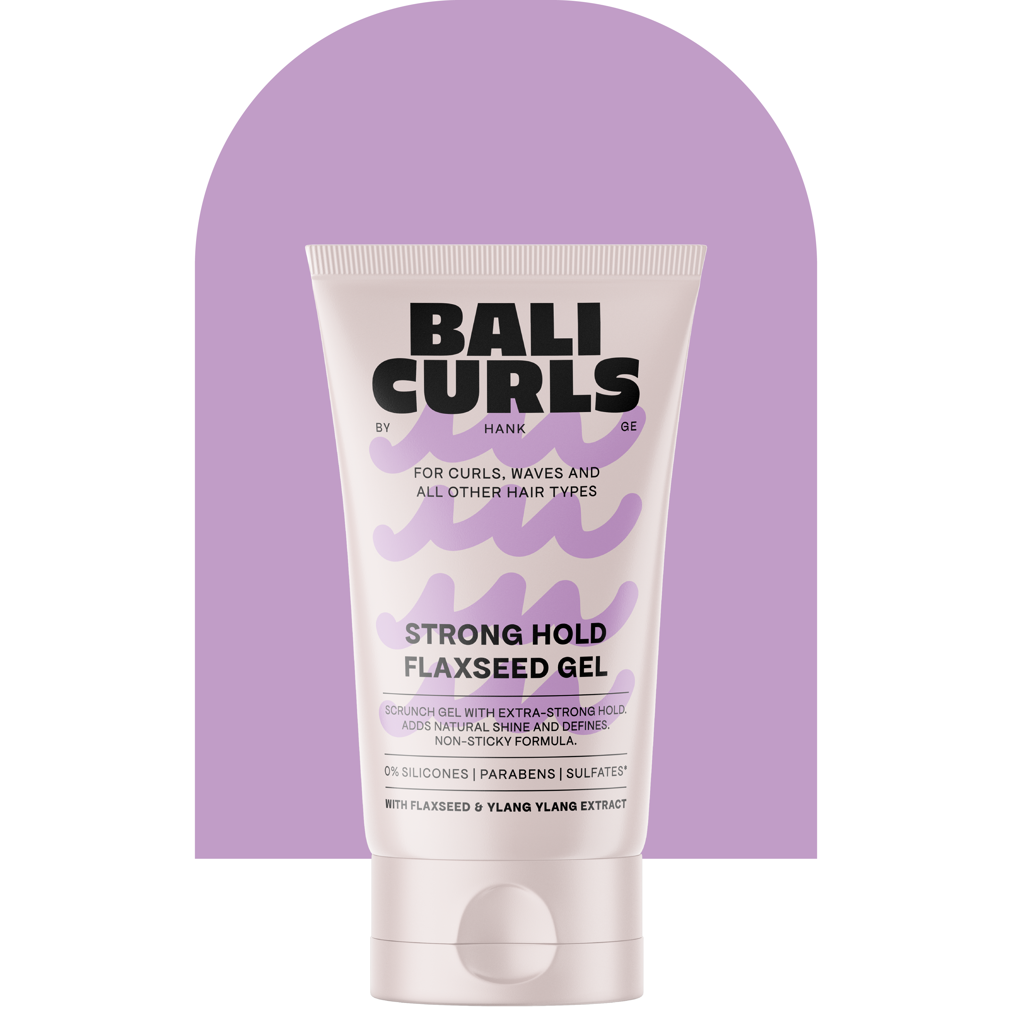 Bali Curls Stronghold Flaxseed Gel Produktabbildung auf Lavendel farbenem Bogen mit Transparentem Hintergrund