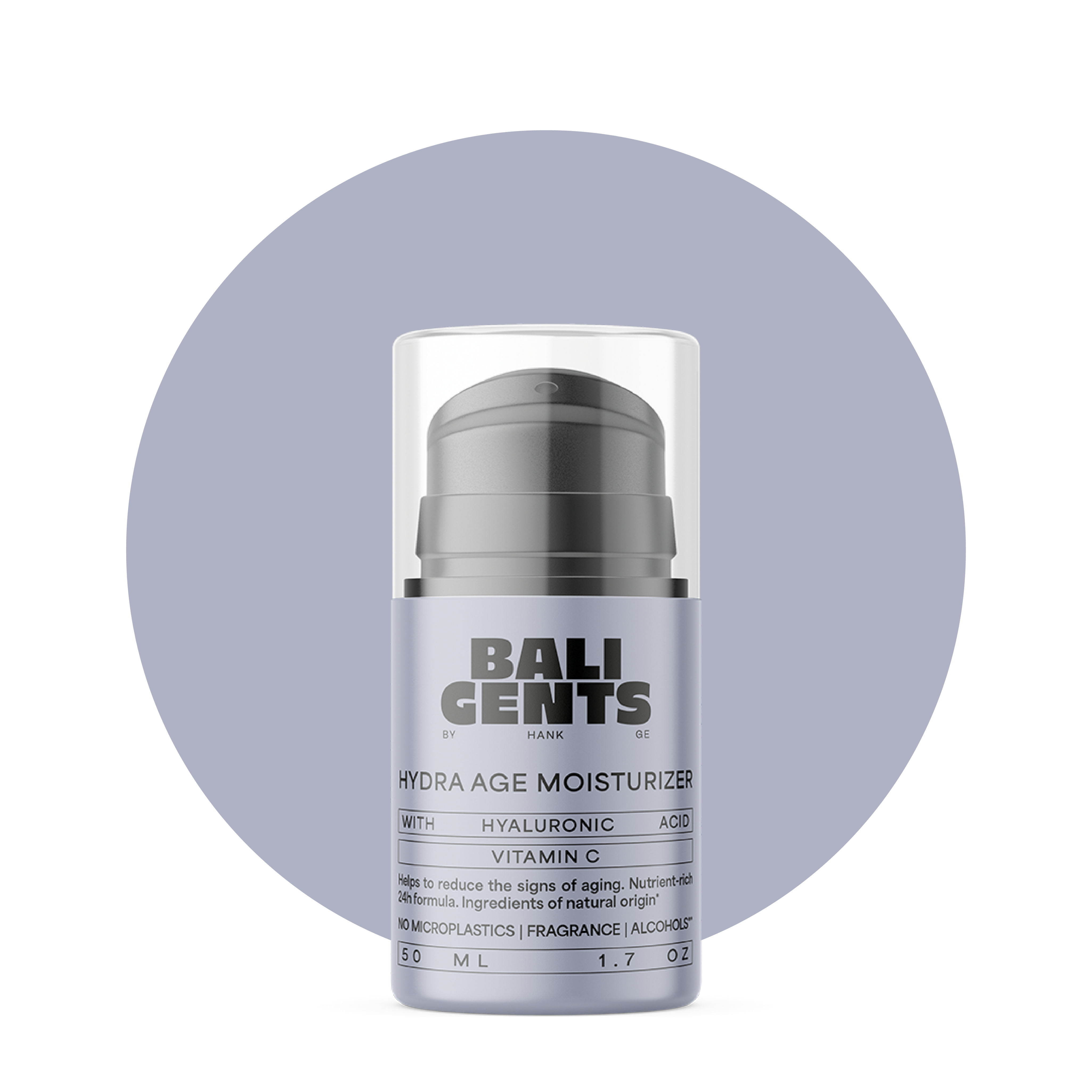 Bali Gents Hydra Age Moisturizer Produktabbildung vor blauem Kreis mit transparentem Hintergrund