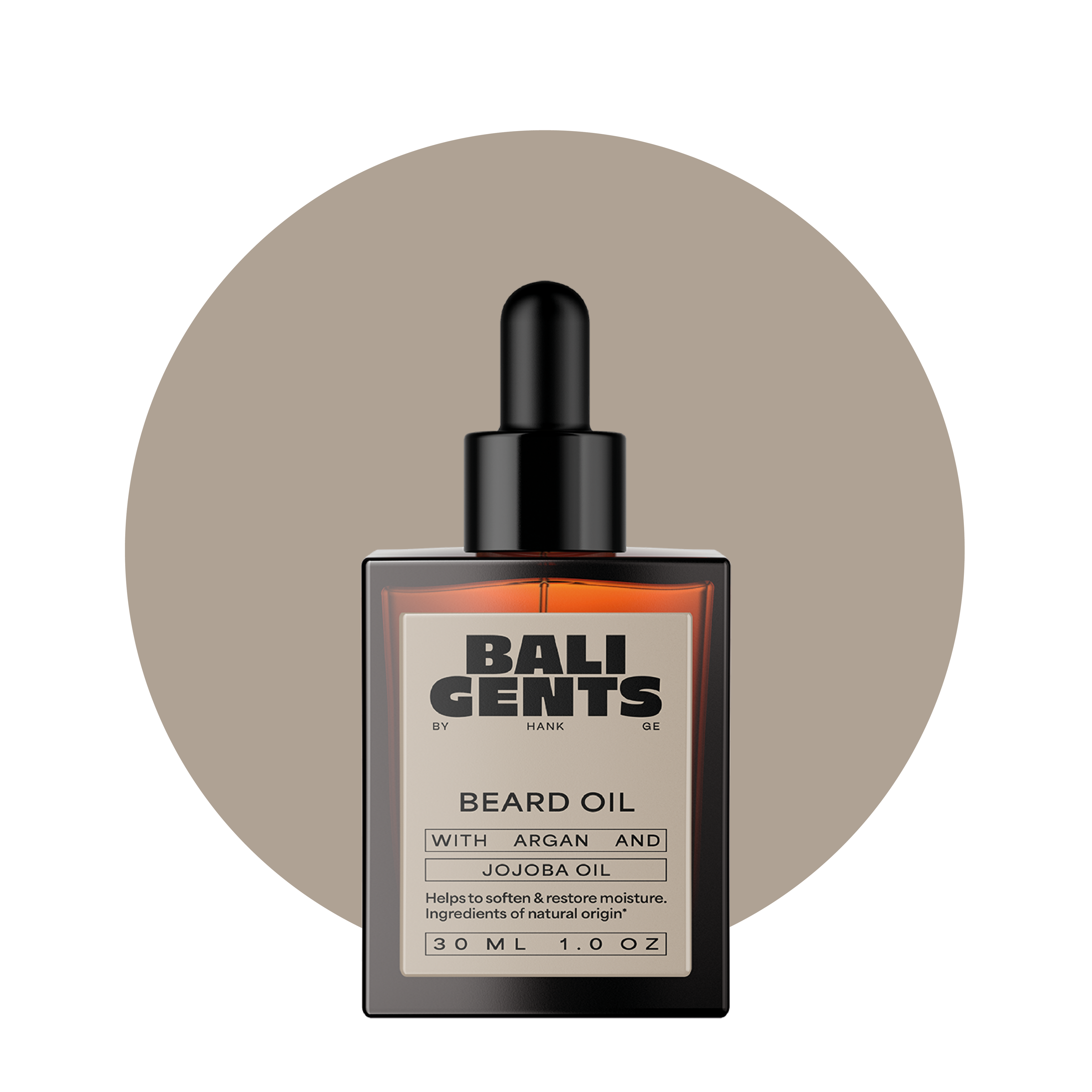Bali Gents Beard Oil Produktabbildung vor dunkelbeigem Kreis mit transparentem Hintergrund
