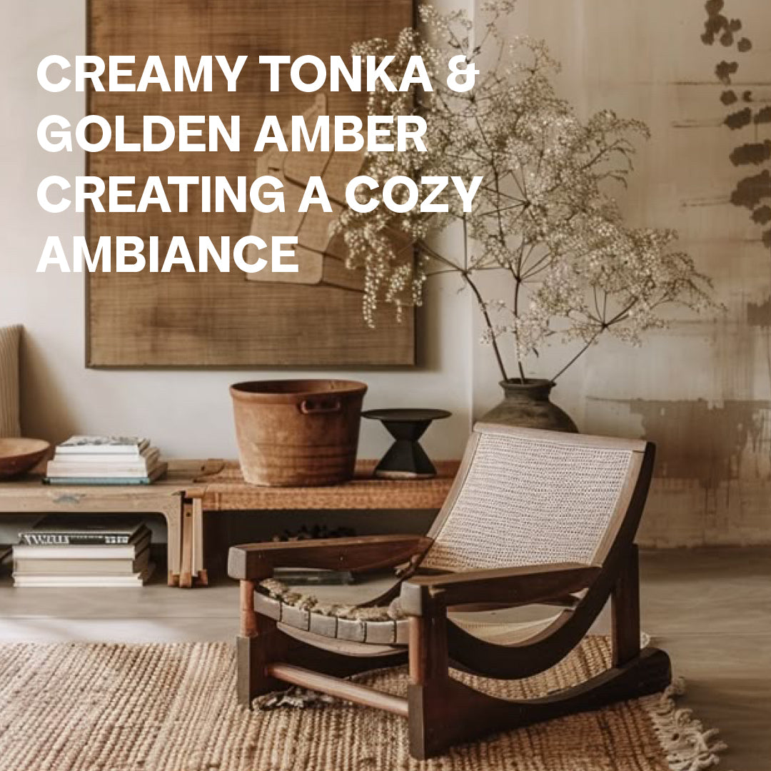 Abbildung von einem Holz Sessel auf einem Teppich mit rustikaler wand, einer Pflanze, einem Braunen Bild und einer Ablage mit Büchern im Hintergrund, alles in neutral-beigen Farben und der Überschrift: "Creamy Tonka & Golden Amber Creating a Cozy Ambience"