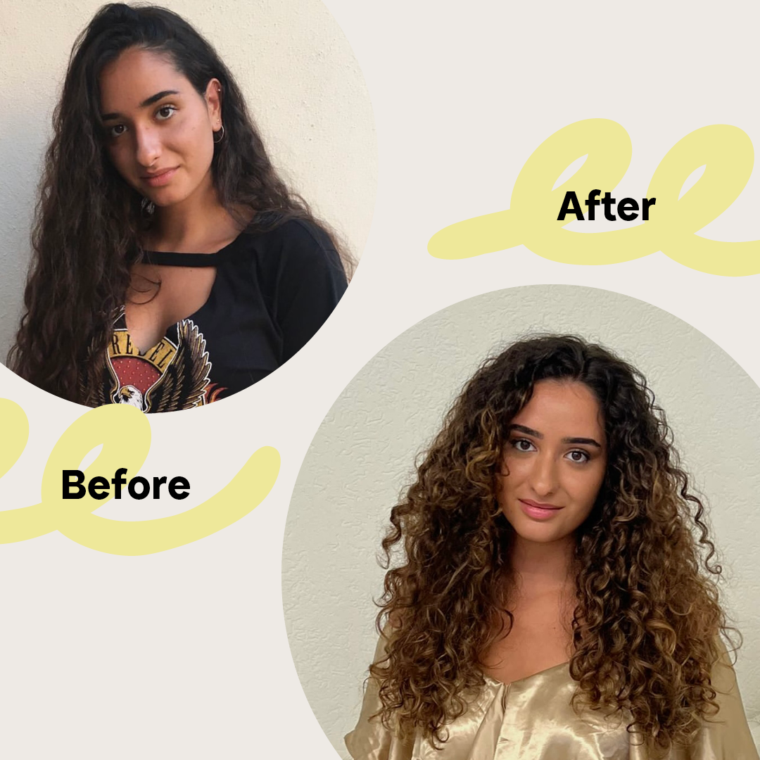 Before and After Bilder einer Frau mit auffallend definierterem, lockigerem und schönerem Haar