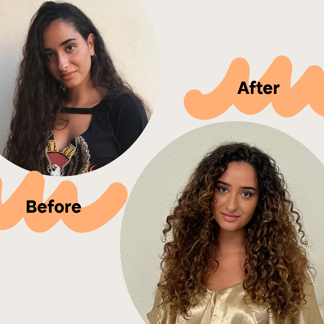 Before and After Abbildung einer Frau mit sichtbarer Veränderung im Volumen und der Beschaffenheit Ihres Haares