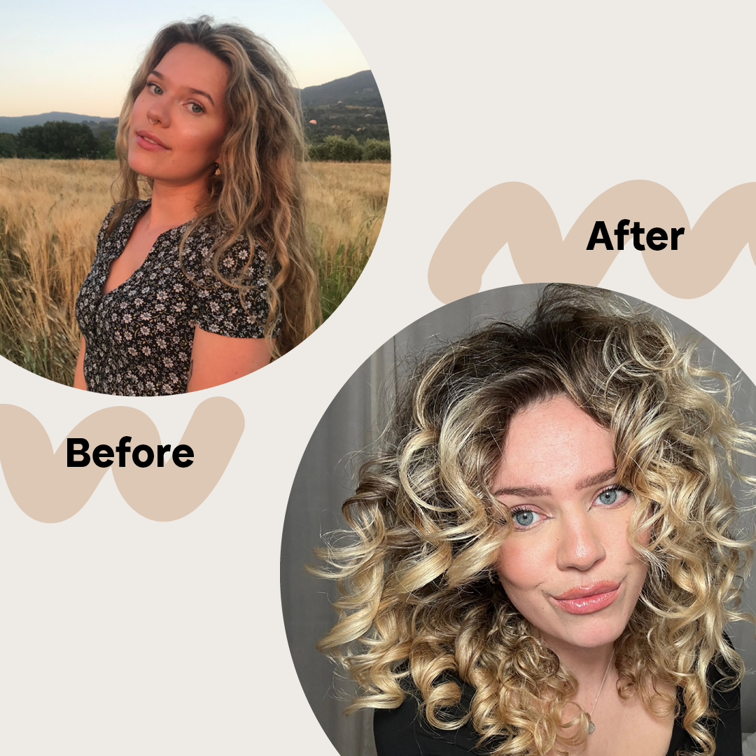 Vorher und Nachher Bilder einer Blonden Frau die das Bali Curls Nourishing Shampoo benutzt und auffallend lockigeres und stabileres Haar bekommen hat