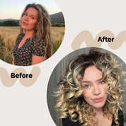 Vorher und Nachher Bilder einer Blonden Frau die das Bali Curls Nourishing Shampoo benutzt und auffallend lockigeres und stabileres Haar bekommen hat