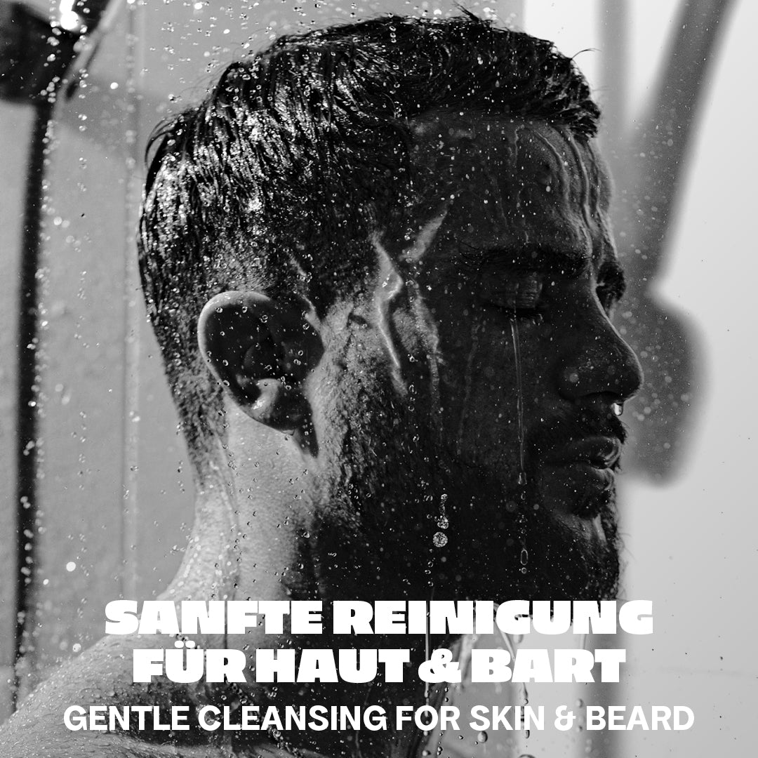 Bali Gents Gentle Face & Beard Wash Benefit Pic Mann mit Bart unter Dusche