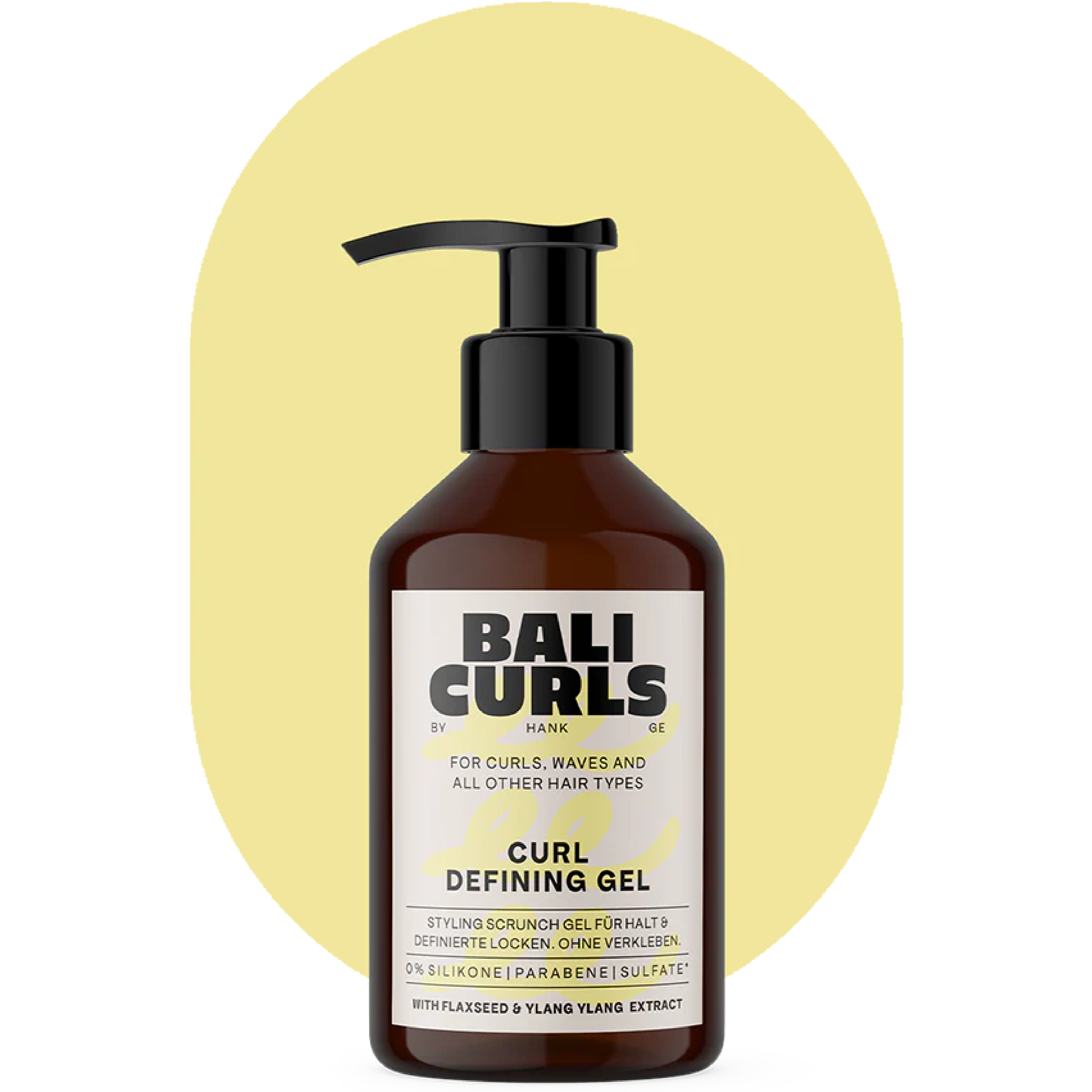 Bali Curls Curl Defining Gel Produktabbildung vor Gelbem Oval mit Transparentem Hintergrund