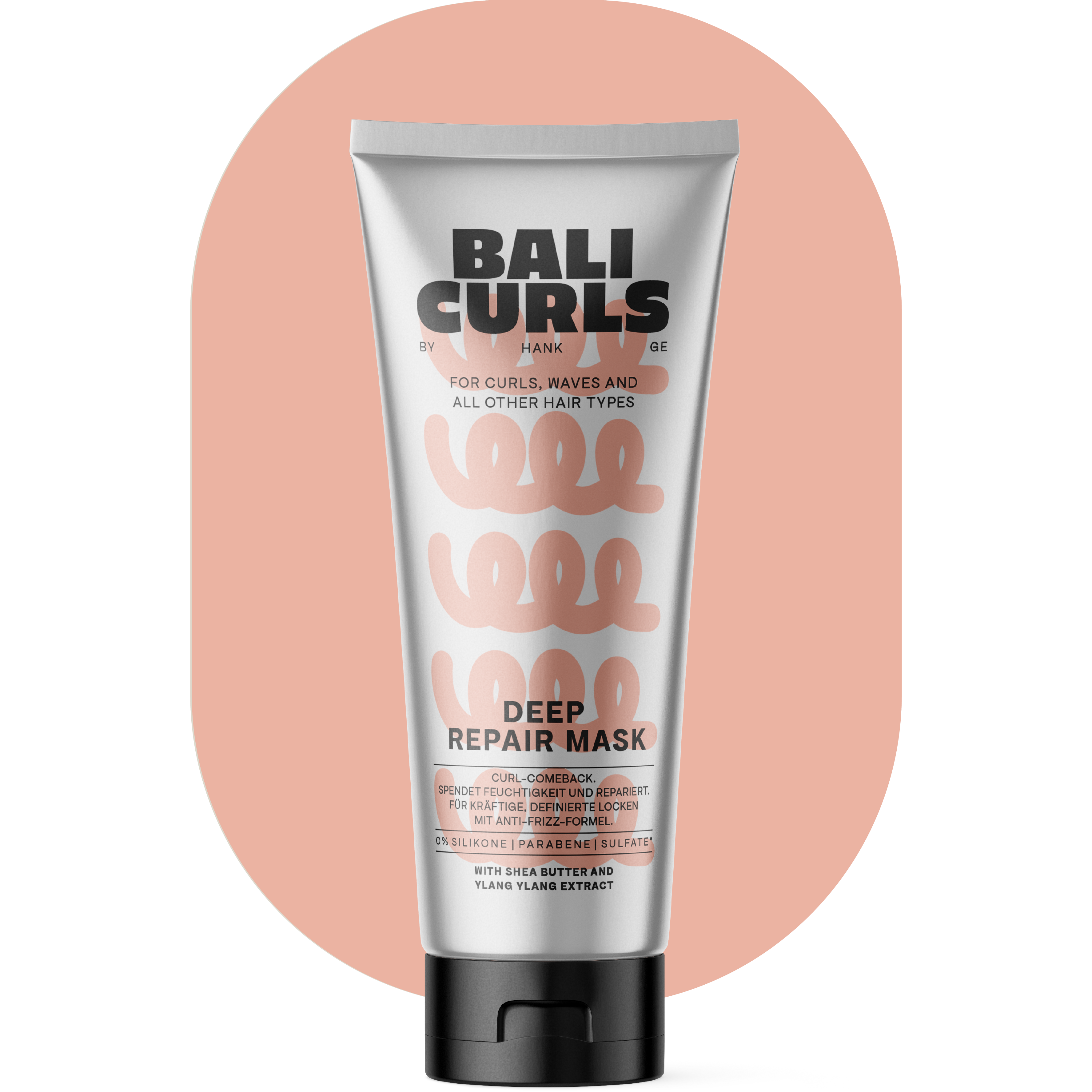 Bali Curls Deep Repair Mask Produktabbildung vor Aprikotfarbenem Oval mit Transparentem Hintergrund