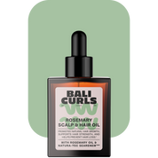 Bali Curls Rosemary Scalp and Hair Oil Produktabbildung auf grünem Rechteck mit abgerundeten Ecken mit Transparentem Hintergrund