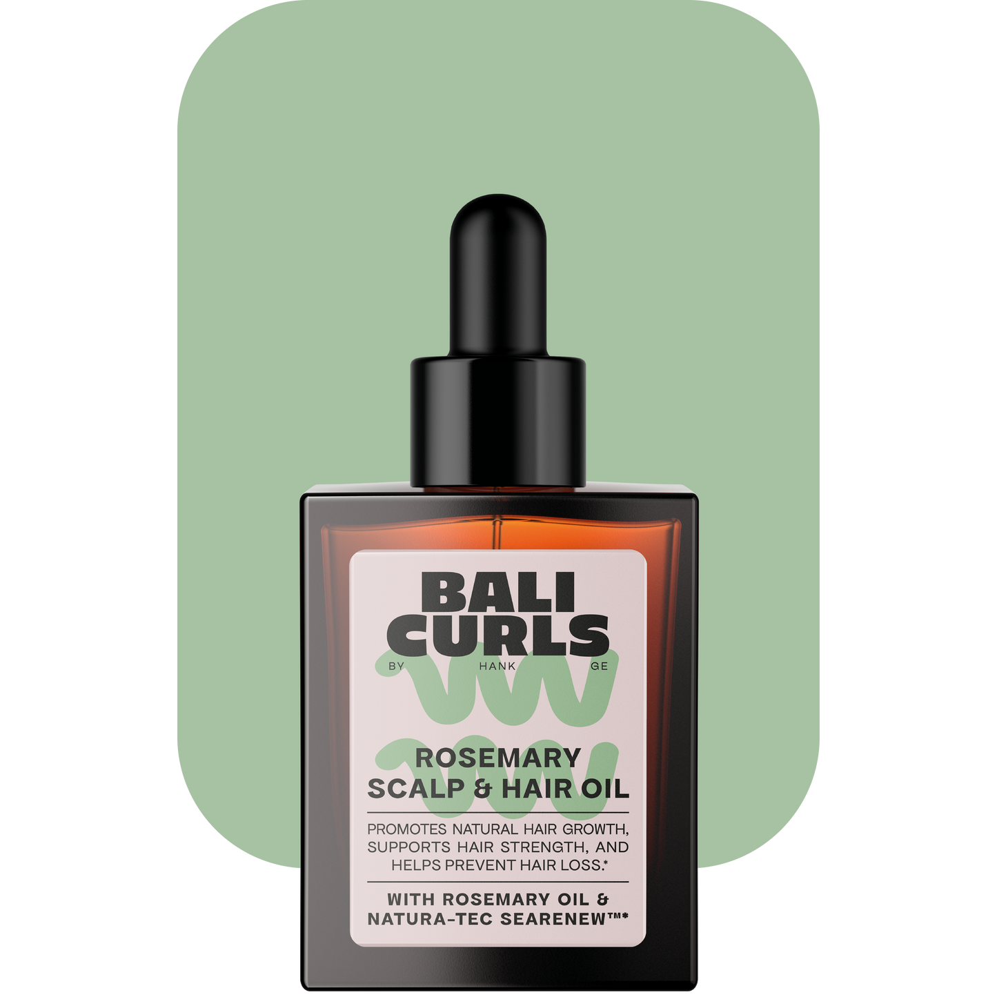 Bali Curls Rosemary Scalp and Hair Oil Produktabbildung auf grünem Rechteck mit abgerundeten Ecken mit Transparentem Hintergrund