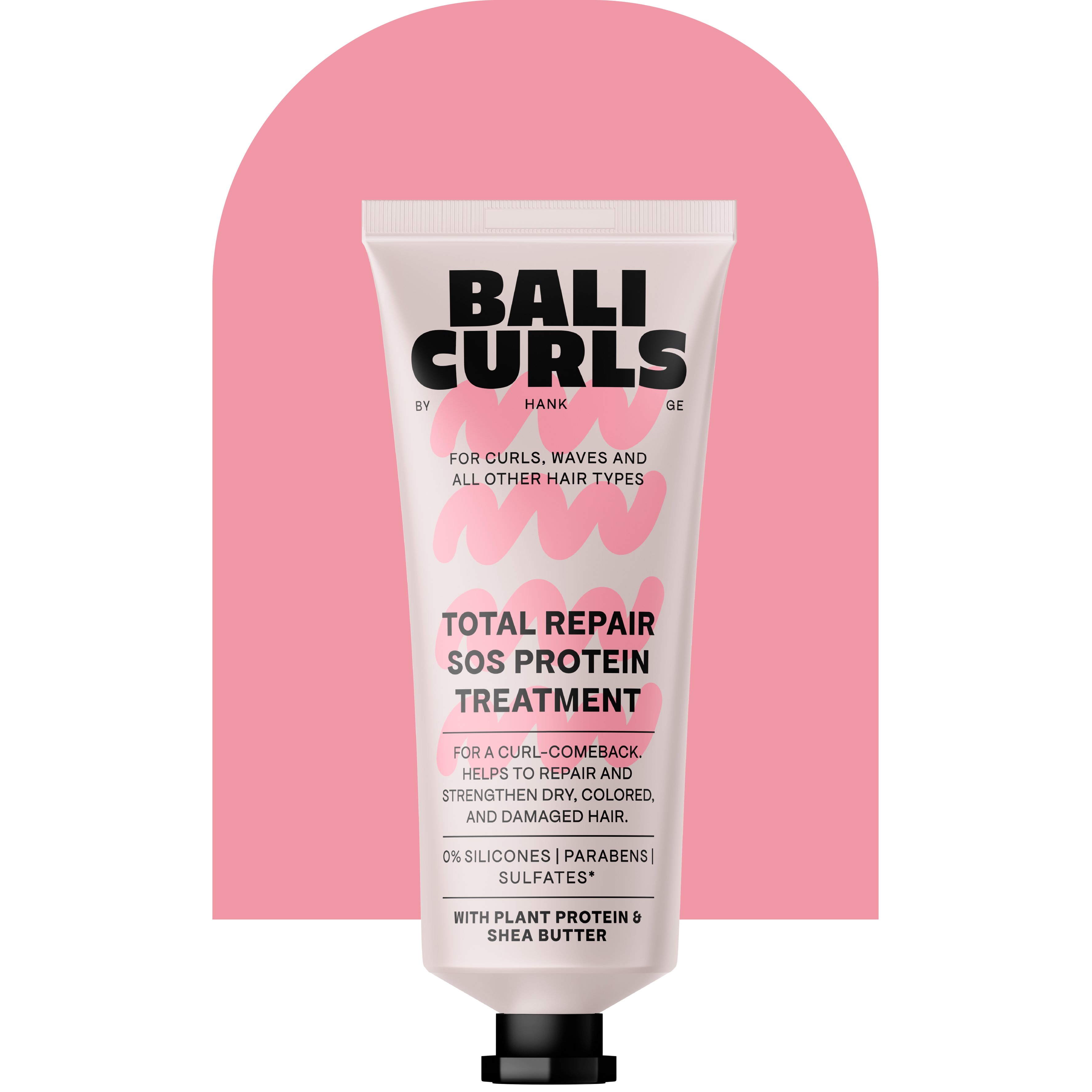 Bali Curls Total Repair SOS Protein Treatment Produktabbildung vor pinkem Bogen mit Transparentem Hintergrund