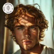 Abbildung eines Jungen Blonden Mannes mit Grünen Augen und Sonnenstrahlen im Gesicht, der direkt in die Kamera schaut und einem "Ingredients of Natural Origin" Sticker in der linken oberen Ecke
