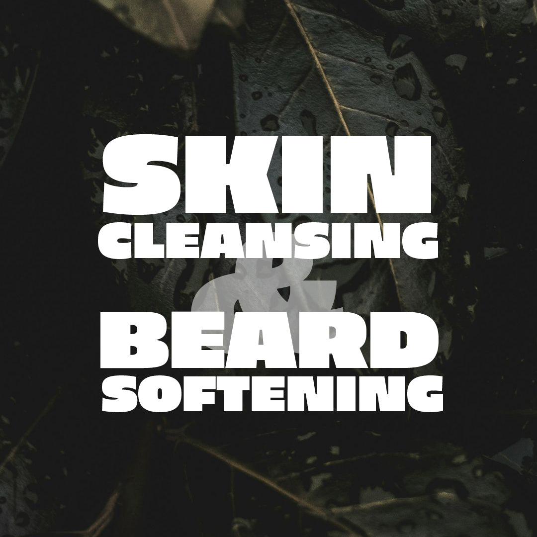 Abbildung der Blätter einer Regenwald Pflanze mit Wassertropfen und der Aufschrift: "Skin Cleansing & Beard Softening"