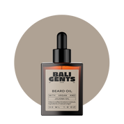 Bali Gents Beard Oil Produktabbildung vor dunkelbeigem Kreis mit transparentem Hintergrund